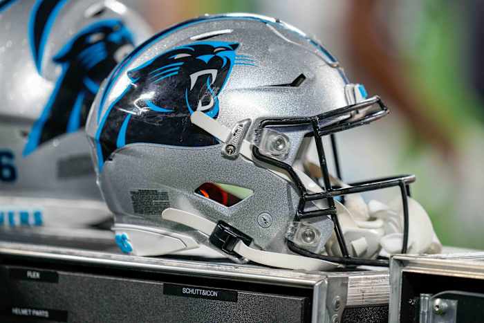 Aug 21, 2021; Charlotte, North Carolina, USA; Carolina Panthers helmet during the second half against the Baltimore Ravens at Bank of America Stadium.
